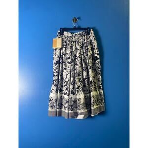 Vintage 90s JON Black/White  Floral Leaves Print Pleated A-line Skirt Women's 4